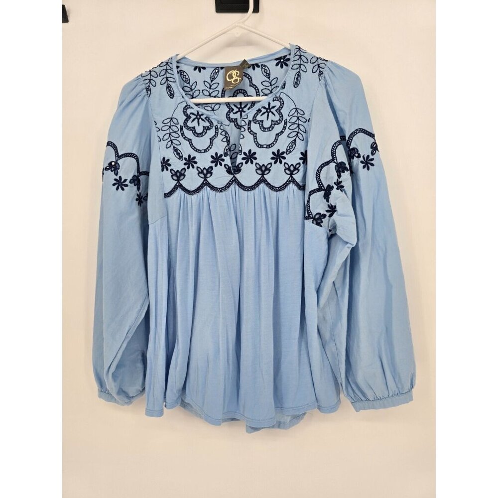 Anthropologie One September Medium Blue Paulette Embroidered Eyelet Peasant Top - Picture 3 of 5